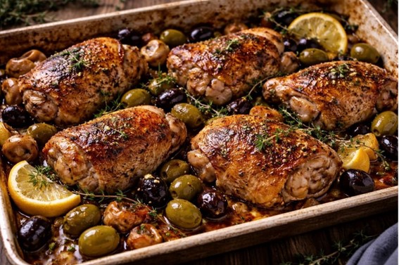 Pollastre de corral rostit amb espècies i olives